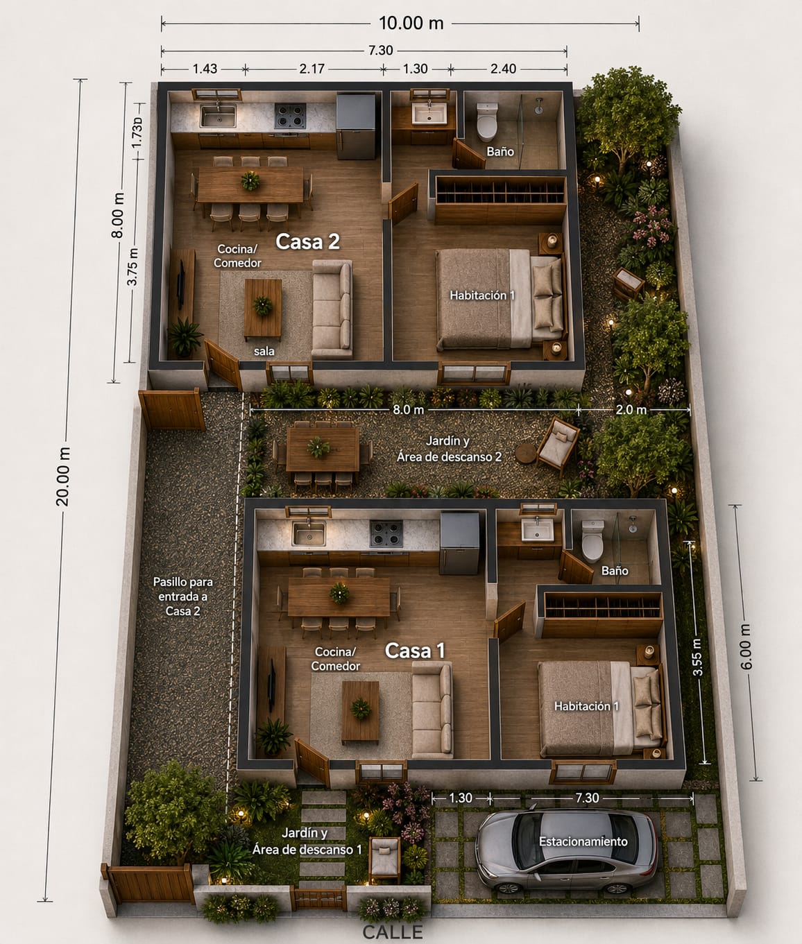 Render arquitectónico: dos casas de 40 m² en un lote de 10 × 20 m
